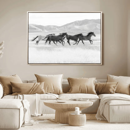 69934913-MGV-FC-36X24_Natural-Wild Horses Running Wall Art Canvas Print, Framed Black White Mustangs Art Picture Print, Rustic Western Perfect Rustic Western