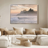 70644906-MGV-FC-36X24_Natural-Sunset Surfing Wall Art Canvas Print, Framed Misty Mountains Art Picture Print, Surfer Riding Wave Perfect Coastal Adventure Decor