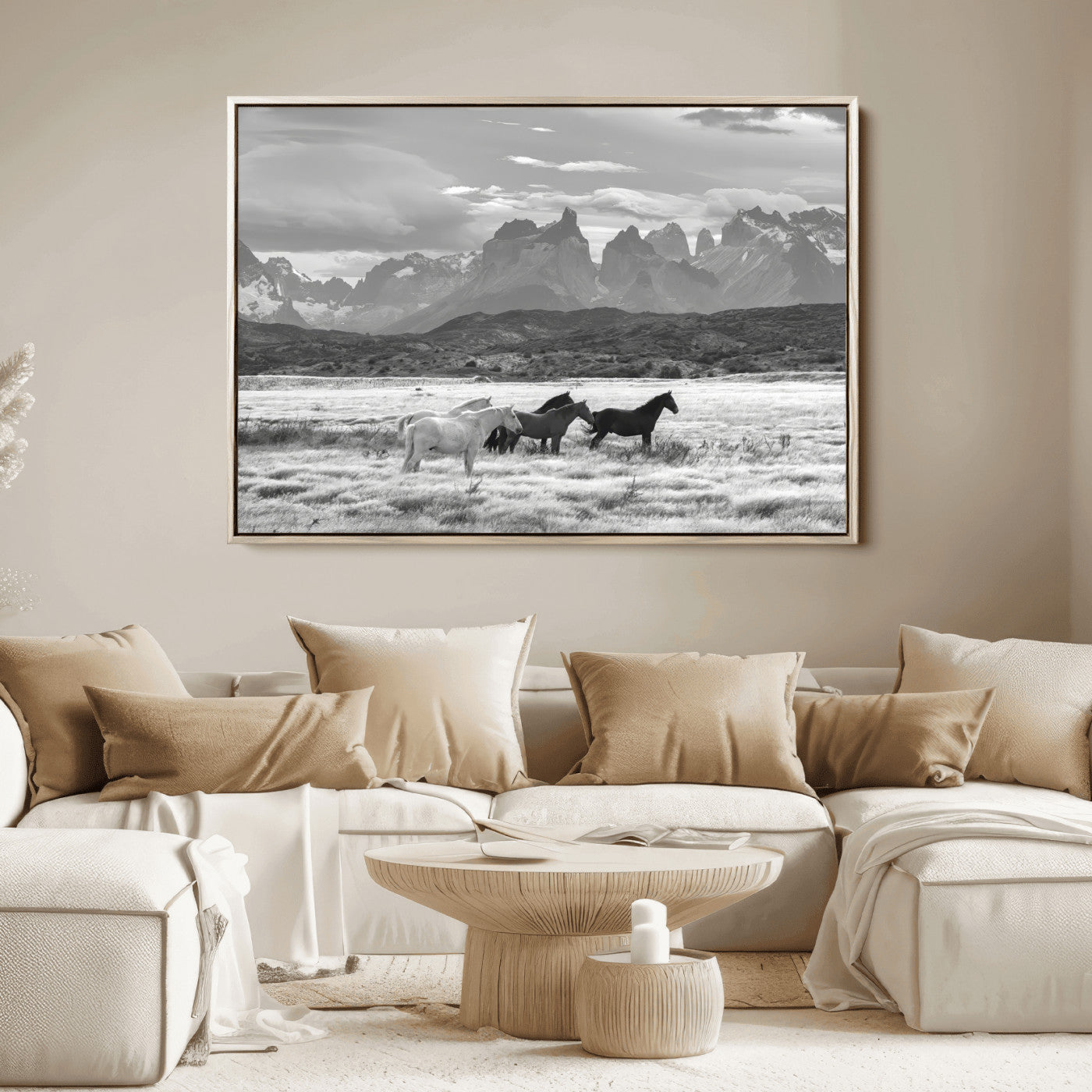 21655040-MGV-FC-36X24_Natural-Wild Horses Wall Art Canvas Print, Framed Black White Mountains Art Picture Print, Rustic Countryside Perfect Rustic Western Decor