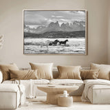 21655040-MGV-FC-36X24_Natural-Wild Horses Wall Art Canvas Print, Framed Black White Mountains Art Picture Print, Rustic Countryside Perfect Rustic Western Decor