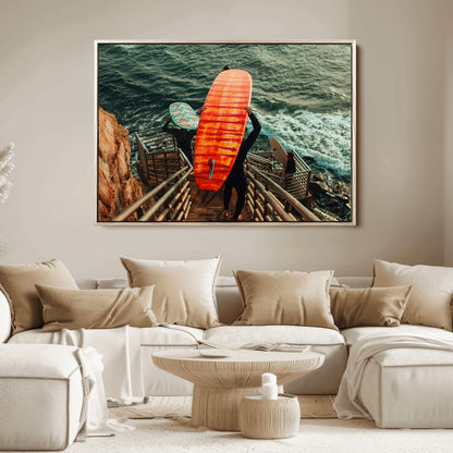 84555848-MGV-FC-36X24_Natural-Surfer Stairway Wall Art Canvas Print, Framed Ocean Surf Art Picture Print, Sunset Coastal Perfect Coastal Adventure Decor Artwork