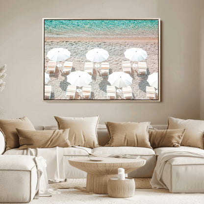 83736167-MGV-FC-36X24_Natural-Calm Beach Wall Art Canvas Print, Framed Turquoise Water Art Picture Print, Umbrella Shoreline Perfect Coastal Minimalist Decor
