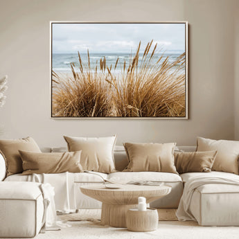 14270839-MGV-FC-36X24_Natural-Beach Grass Wall Art Canvas Print, Framed Coastal Dunes Art Picture Print, Dune Grass Perfect Coastal Minimalist Decor Artwork