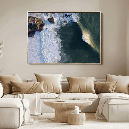 37405684-MGV-FC-36X24_Natural-Nazare Coast Wall Art Canvas Print, Framed Aerial Ocean Art Picture Print, Coastal Fortress Perfect Dramatic Coastal Decor Artwork