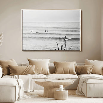 33821421-MGV-FC-36X24_Natural-Surfer Silhouette Wall Art Canvas Print, Framed Calm Ocean Art Picture Print, Monochrome Surf Perfect Minimalist Coastal Decor