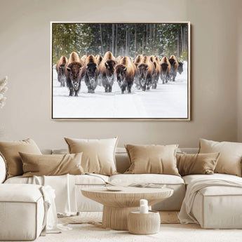 22695857-MGV-FC-36X24_Natural-Bison Herd Scene Wall Art Canvas Print, Framed Western Wildlife Art Picture Print, Rustic Animal Art Perfect Rustic Lodge Decor