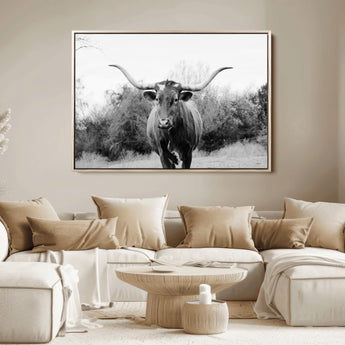 97280319-MGV-FC-36X24_Natural-Longhorn Photography Wall Art Canvas Print, Framed Western Cow Decor Art Picture Print, Texas Ranch Style Perfect Rustic Farmhouse