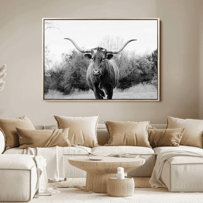 97280319-MGV-FC-36X24_Natural-Longhorn Photography Wall Art Canvas Print, Framed Western Cow Decor Art Picture Print, Texas Ranch Style Perfect Rustic Farmhouse