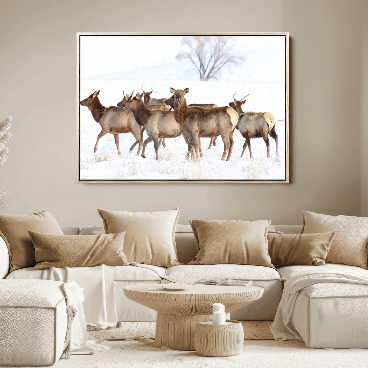 68738684-MGV-FC-36X24_Natural-Winter Elk Scene Wall Art Canvas Print, Framed Wildlife Photography Art Picture Print, Snowy Deer Decor Perfect Rustic Lodge Decor
