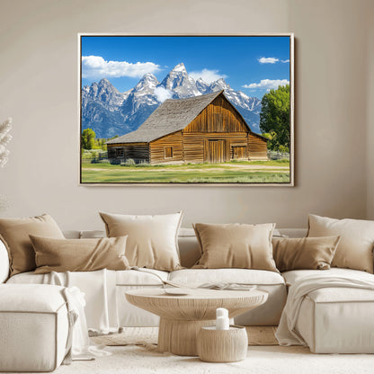 75948467-MGV-FC-36X24_Natural-Mountain Barn Scene Wall Art Canvas Print, Framed Rustic Farmhouse Style Art Picture Print, Country Cabin Decor Perfect Rustic