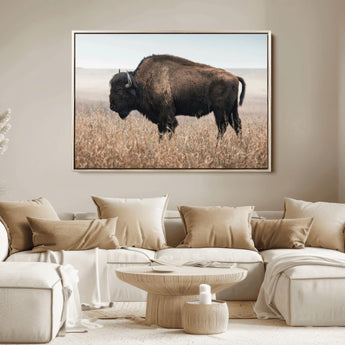 34451925-MGV-FC-36X24_Natural-Rustic Bison Decor Wall Art Canvas Print, Framed Buffalo Home Accent Art Picture Print, Prairie Wildlife Scene Perfect Western