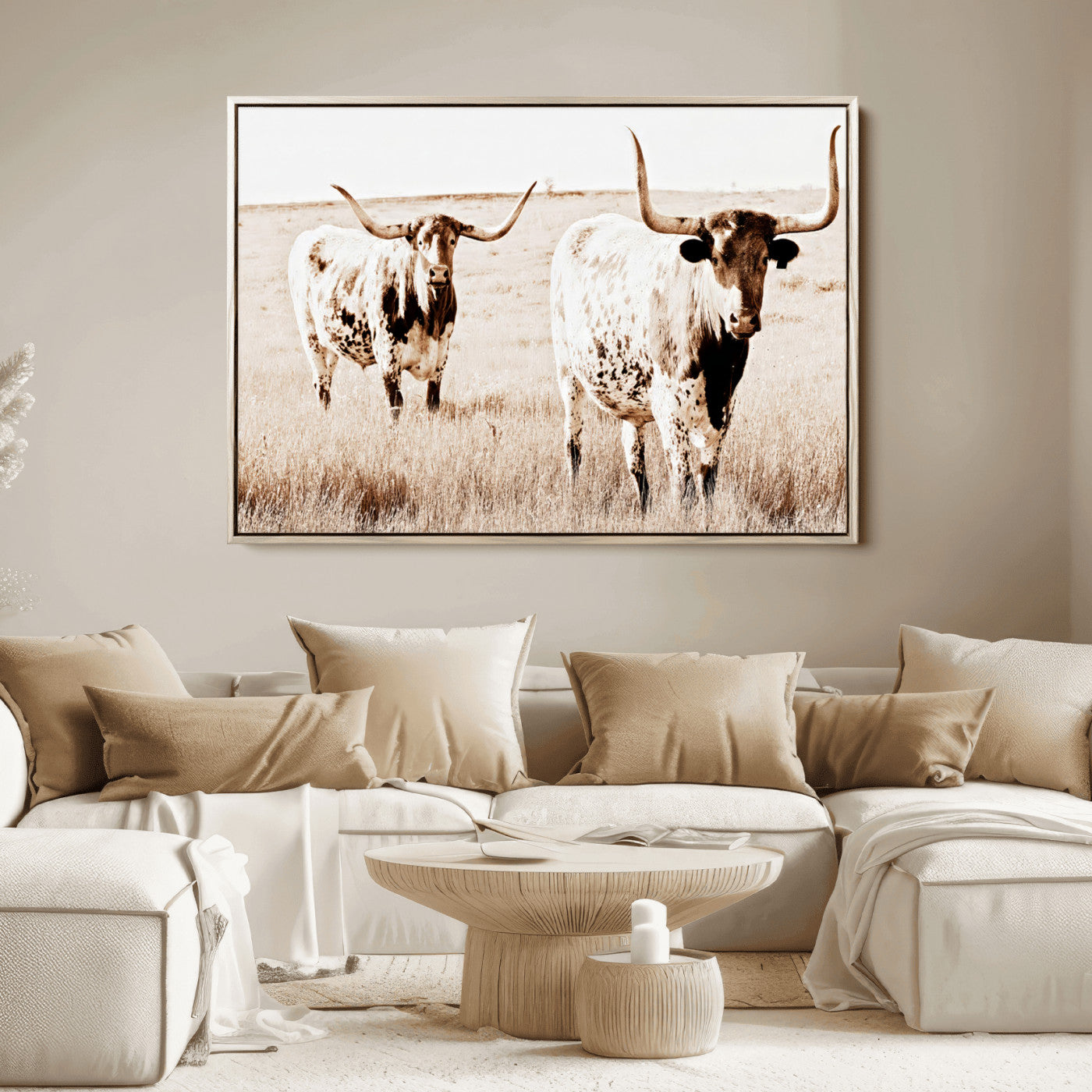 39672786-MGV-FC-36X24_Natural-Rustic Cow Scene Wall Art Canvas Print, Framed Farmhouse Style Cattle Art Picture Print, Prairie Animal Duo Perfect Rustic Western