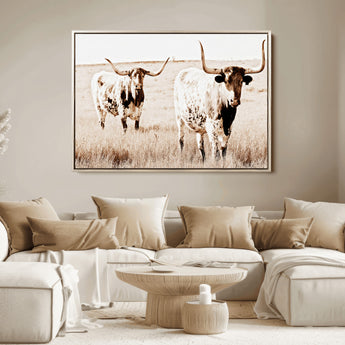 39672786-MGV-FC-36X24_Natural-Rustic Cow Scene Wall Art Canvas Print, Framed Farmhouse Style Cattle Art Picture Print, Prairie Animal Duo Perfect Rustic Western