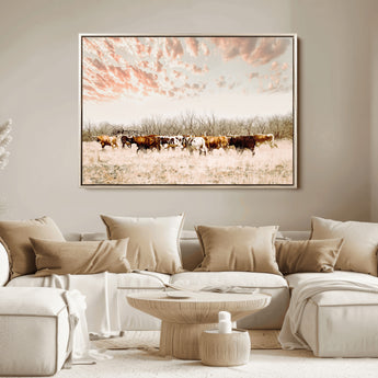 43704663-MGV-FC-36X24_Natural-Country Cow Herd Wall Art Canvas Print, Framed Farmhouse Cattle Scene Art Picture Print, Rustic Ranch Decor Perfect Rustic