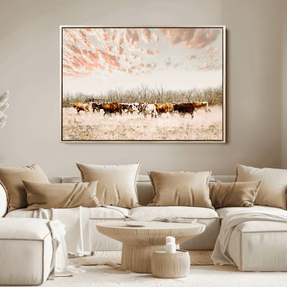 43704663-MGV-FC-36X24_Natural-Country Cow Herd Wall Art Canvas Print, Framed Farmhouse Cattle Scene Art Picture Print, Rustic Ranch Decor Perfect Rustic