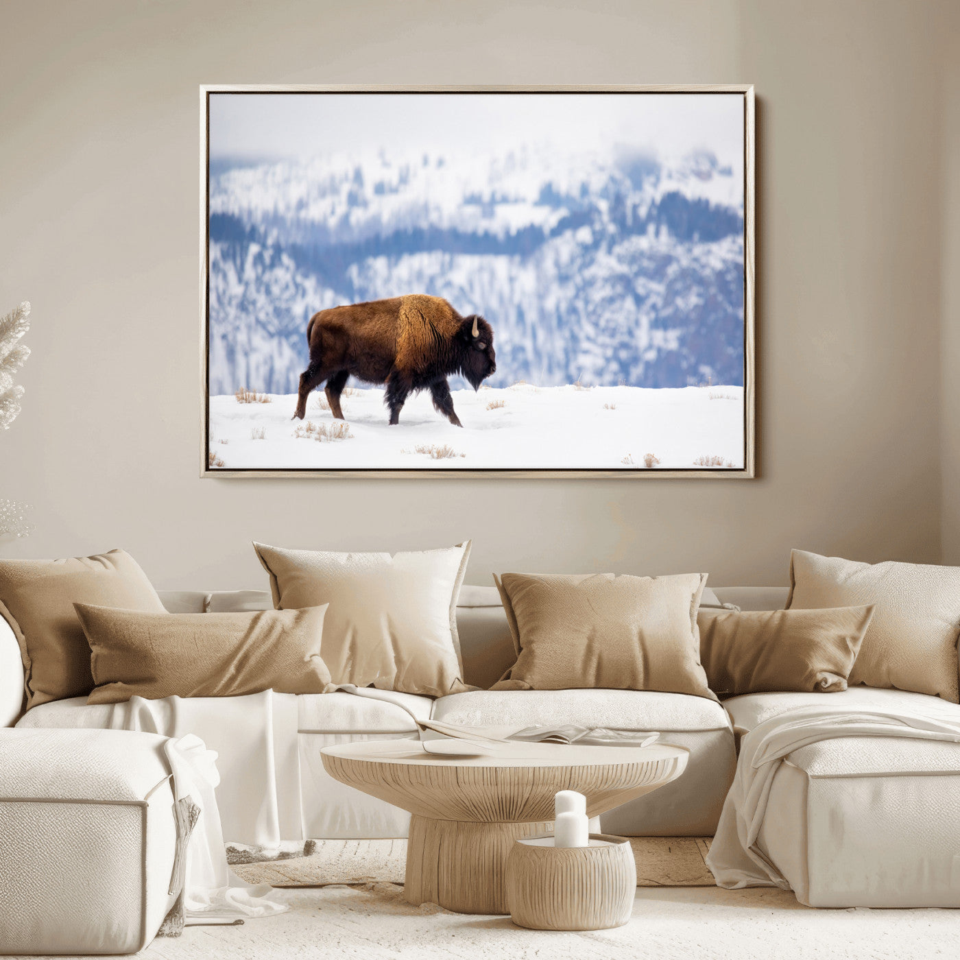 58512275-MGV-FC-36X24_Natural-Cowboy Aesthetic Wall Art Canvas Print, Framed Neutral Animal Theme Art Picture Print, Bison Ranch Style Perfect Rustic Western