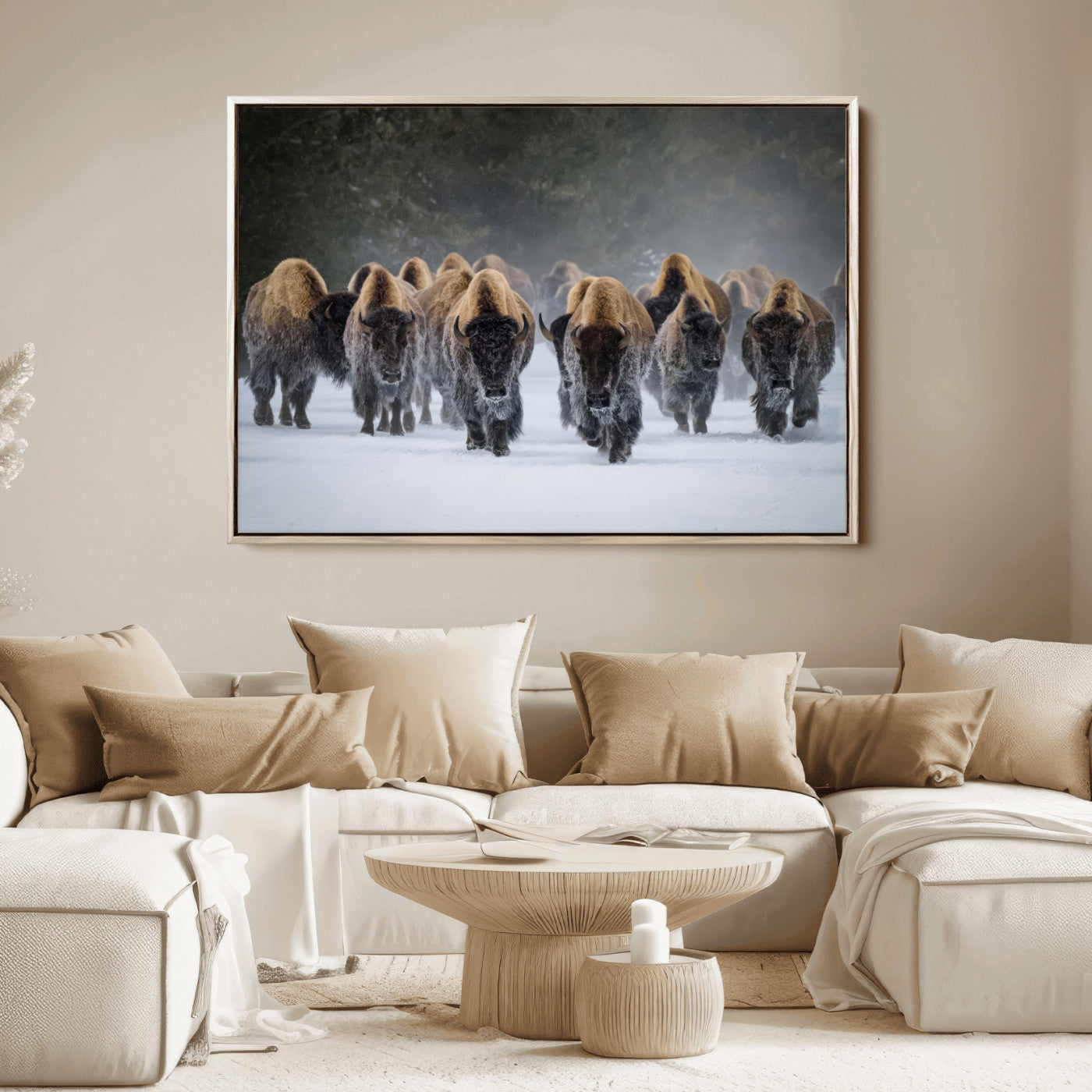 41669135-MGV-FC-36X24_Natural-Bison Herd Scene Wall Art Canvas Print, Framed Rustic Wildlife Decor Art Picture Print, Snowy Bison Landscape Perfect Rustic