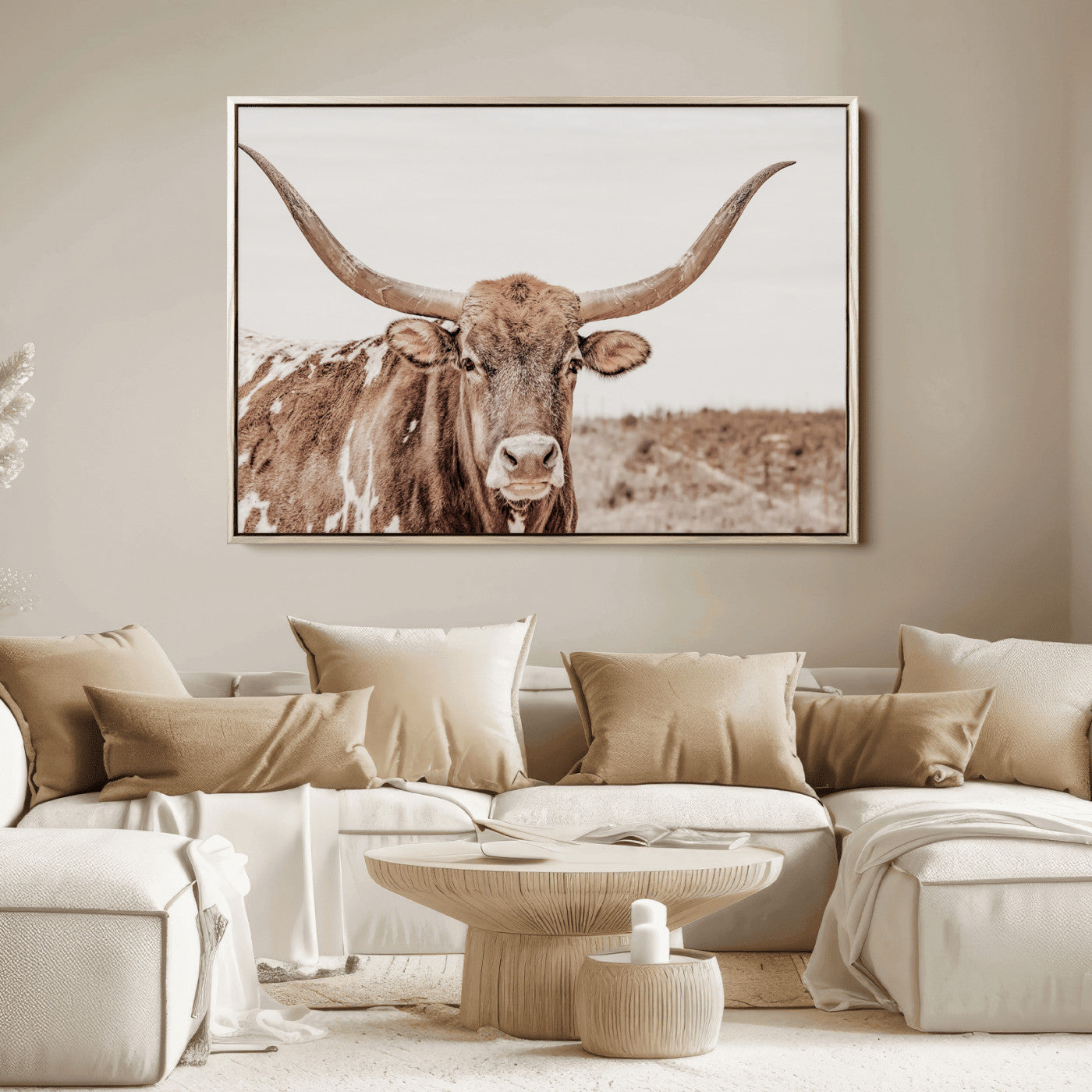77810049-MGV-FC-36X24_Natural-Longhorn Bull Photo Wall Art Canvas Print, Framed Rustic Cow Decor Art Picture Print, Neutral Farmhouse Style Perfect Rustic