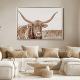 77810049-MGV-FC-36X24_Natural-Longhorn Bull Photo Wall Art Canvas Print, Framed Rustic Cow Decor Art Picture Print, Neutral Farmhouse Style Perfect Rustic