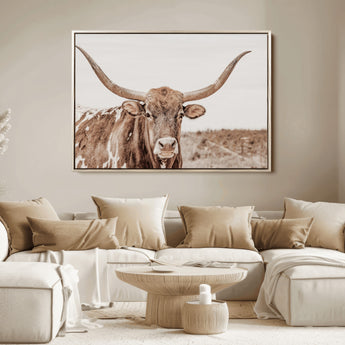 77810049-MGV-FC-36X24_Natural-Longhorn Bull Photo Wall Art Canvas Print, Framed Rustic Cow Decor Art Picture Print, Neutral Farmhouse Style Perfect Rustic