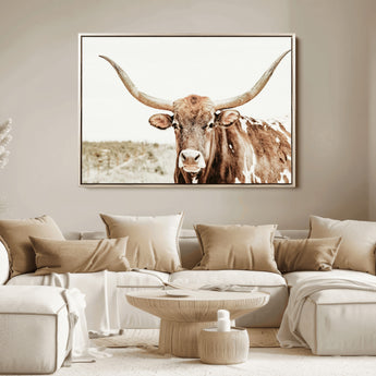 98924580-MGV-FC-36X24_Natural-Texas Longhorn Bull Wall Art Canvas Print, Framed Rustic Farmhouse Decor Art Picture Print, Western Animal Theme Perfect Rustic