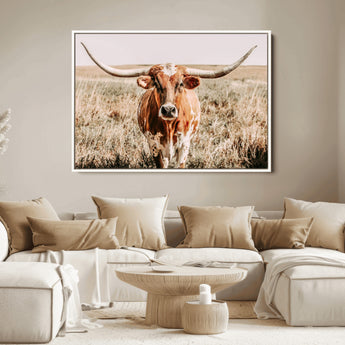 54986862-MGV-FC-36X24_White-Majestic Longhorn Wall Art – Canvas Print of Graceful Strength & Bold Spirit, Wild Plains Beauty Nature Inspired Rustic Decor for