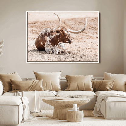25407592-MGV-FC-36X24_White-Texas Longhorn Wall Art Canvas Print, Framed Resting Bull Art Picture Print, Spotted Cattle Perfect Rustic Western Decor Artwork