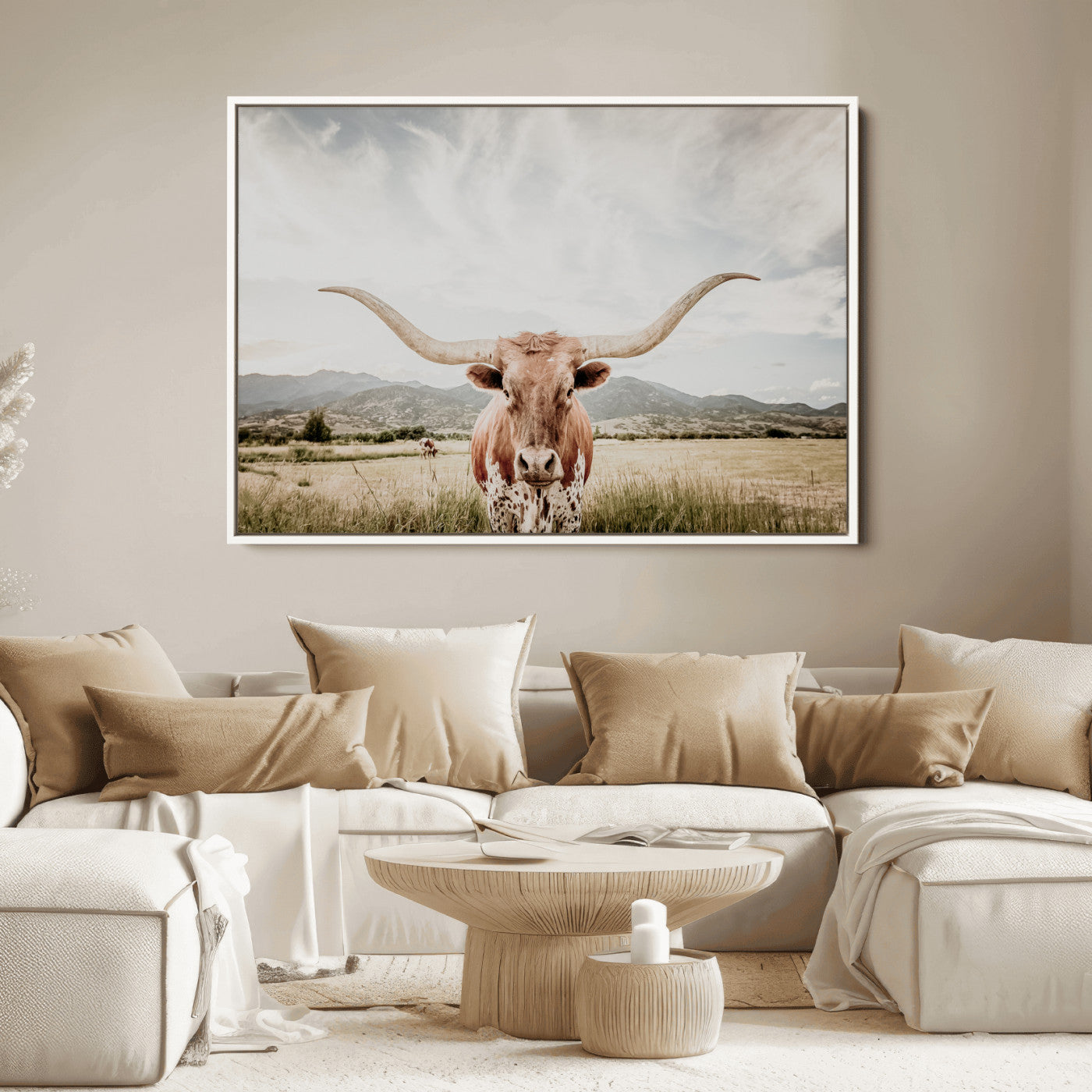 80054319-MGV-FC-36X24_White-Texas Longhorn Wall Art Canvas Print, Framed Western Cow Art Picture Print, Rustic Farmhouse Perfect Farmhouse Decor Artwork