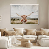 80054319-MGV-FC-36X24_White-Texas Longhorn Wall Art Canvas Print, Framed Western Cow Art Picture Print, Rustic Farmhouse Perfect Farmhouse Decor Artwork