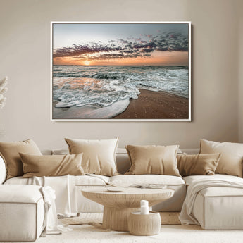 40632752-MGV-FC-36X24_White-Ocean Sunset Wall Art Canvas Print, Framed Beach Waves Art Picture Print, Coastal Scene Perfect Coastal Decor Artwork