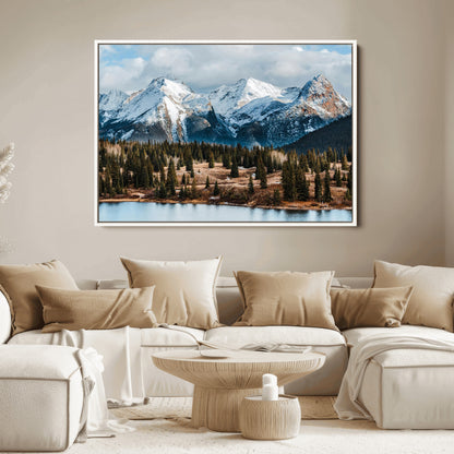 36247746-MGV-FC-36X24_White-Snowy Peaks Wall Art Canvas Print, Framed Alpine Lake Art Picture Print, Pine Forest Perfect Alpine Wilderness Decor Artwork