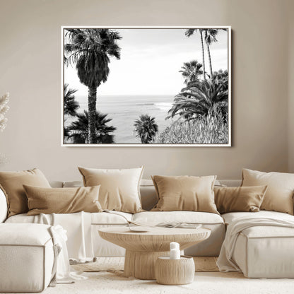 89458520-MGV-FC-36X24_White-Palm Trees Wall Art Canvas Print, Framed Coastal View Art Picture Print, Ocean Horizon Perfect Monochrome Coast Decor Artwork