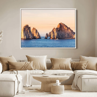 72996116-MGV-FC-36X24_White-El Arco Wall Art Canvas Print, Framed Cabo Rocks Art Picture Print, Ocean Arch Perfect Golden Coastal Landmark Decor Artwork
