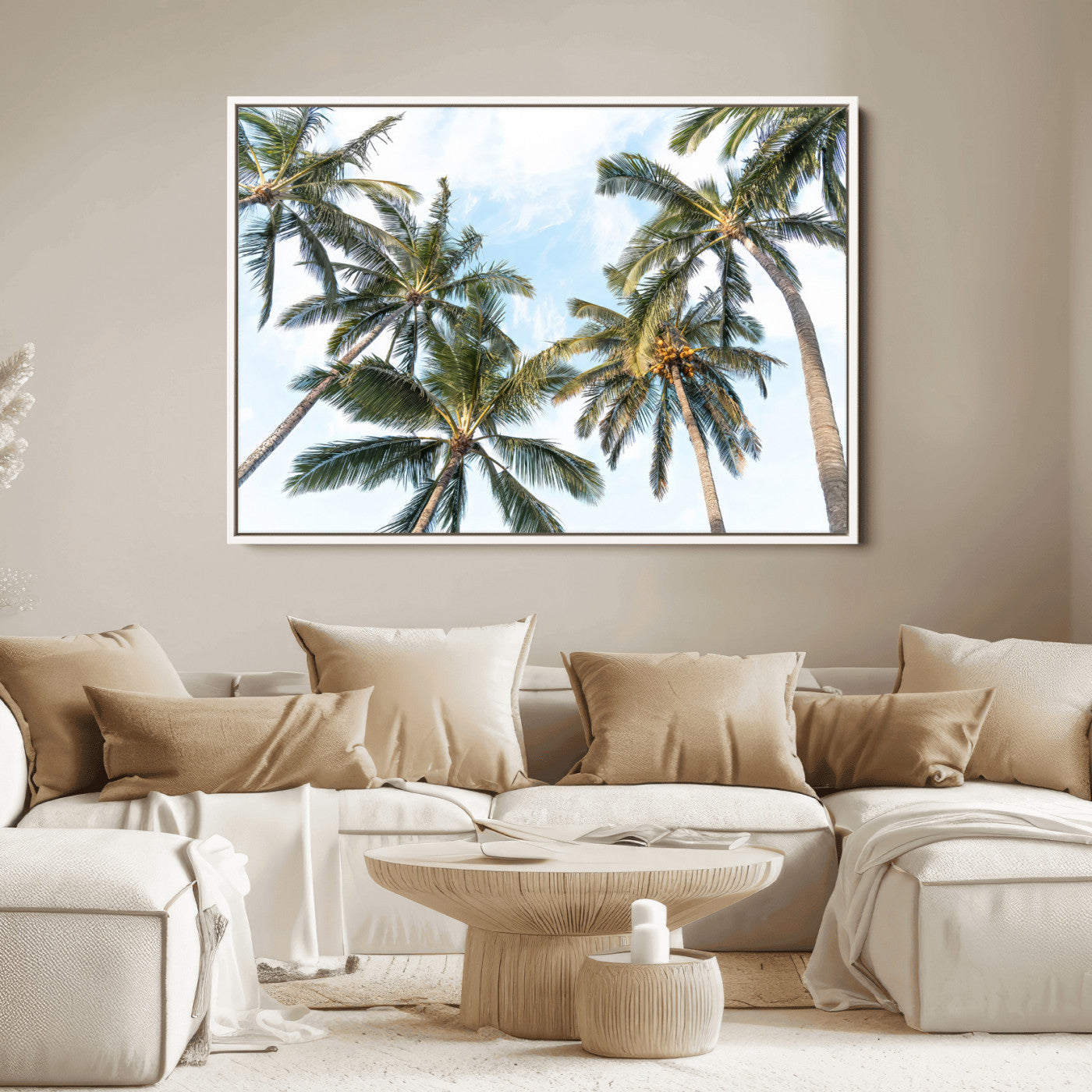 87247012-MGV-FC-36X24_White-Skyward Palm Trees Wall Art Canvas Print, Framed Tropical Sky Art Picture Print, Coconut Palm Perfect Tropical Skyview Decor