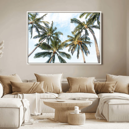 87247012-MGV-FC-36X24_White-Skyward Palm Trees Wall Art Canvas Print, Framed Tropical Sky Art Picture Print, Coconut Palm Perfect Tropical Skyview Decor