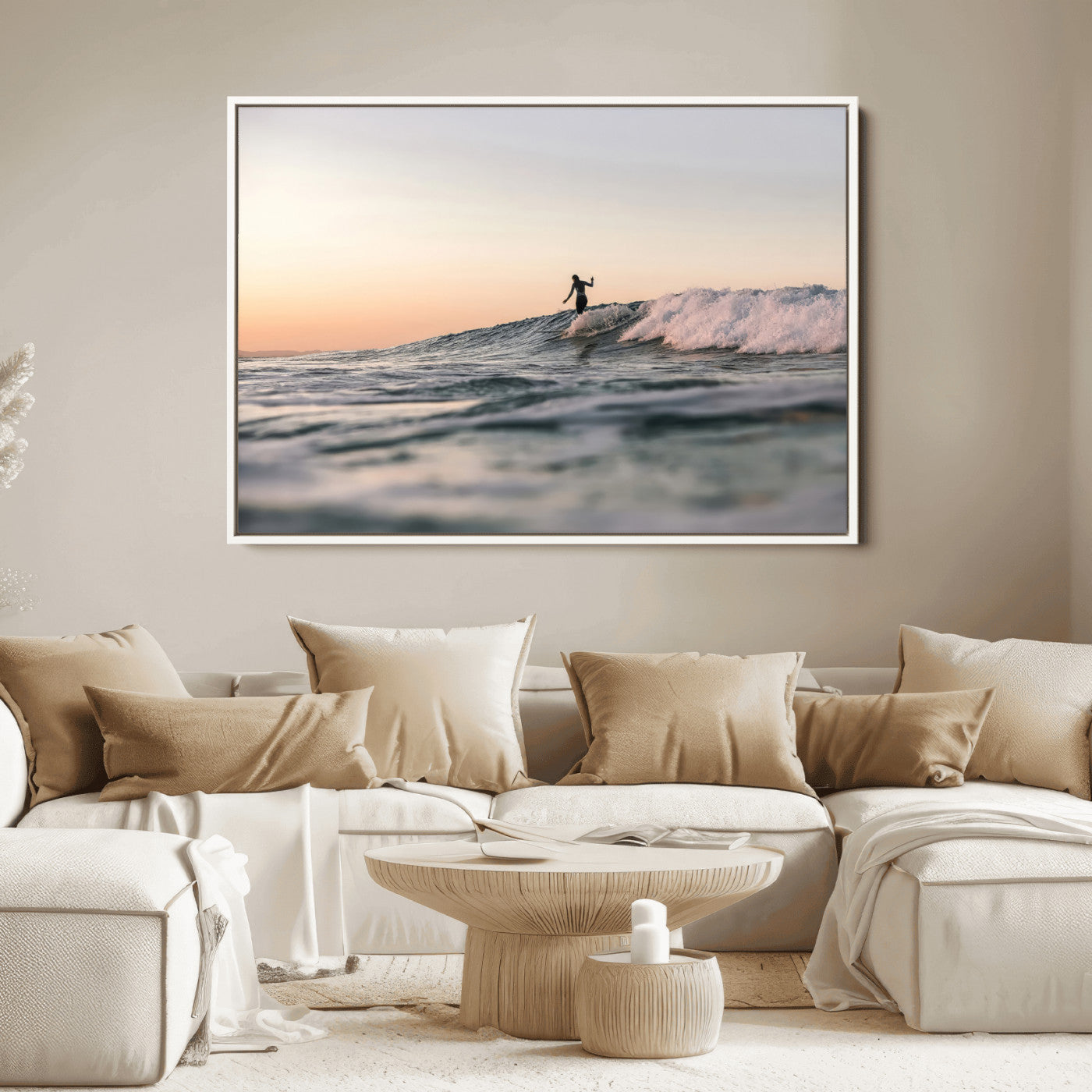 58502923-MGV-FC-36X24_White-Wave Rider Wall Art Canvas Print, Framed Ocean Wave Art Picture Print, Riding Surf Perfect Sunset Surf Decor Artwork
