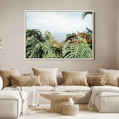 45700479-MGV-FC-36X24_White-Monstera Leaves Wall Art Canvas Print, Framed Tropical Ocean Art Picture Print, Tropical Foliage Perfect Tropical Coastal Jungle
