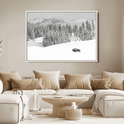 68081143-MGV-FC-36X24_White-Snowy Bison Wall Art Canvas Print, Framed Winter Forest Art Picture Print, Lone Bison Perfect Monochrome Winter Wild Decor Artwork