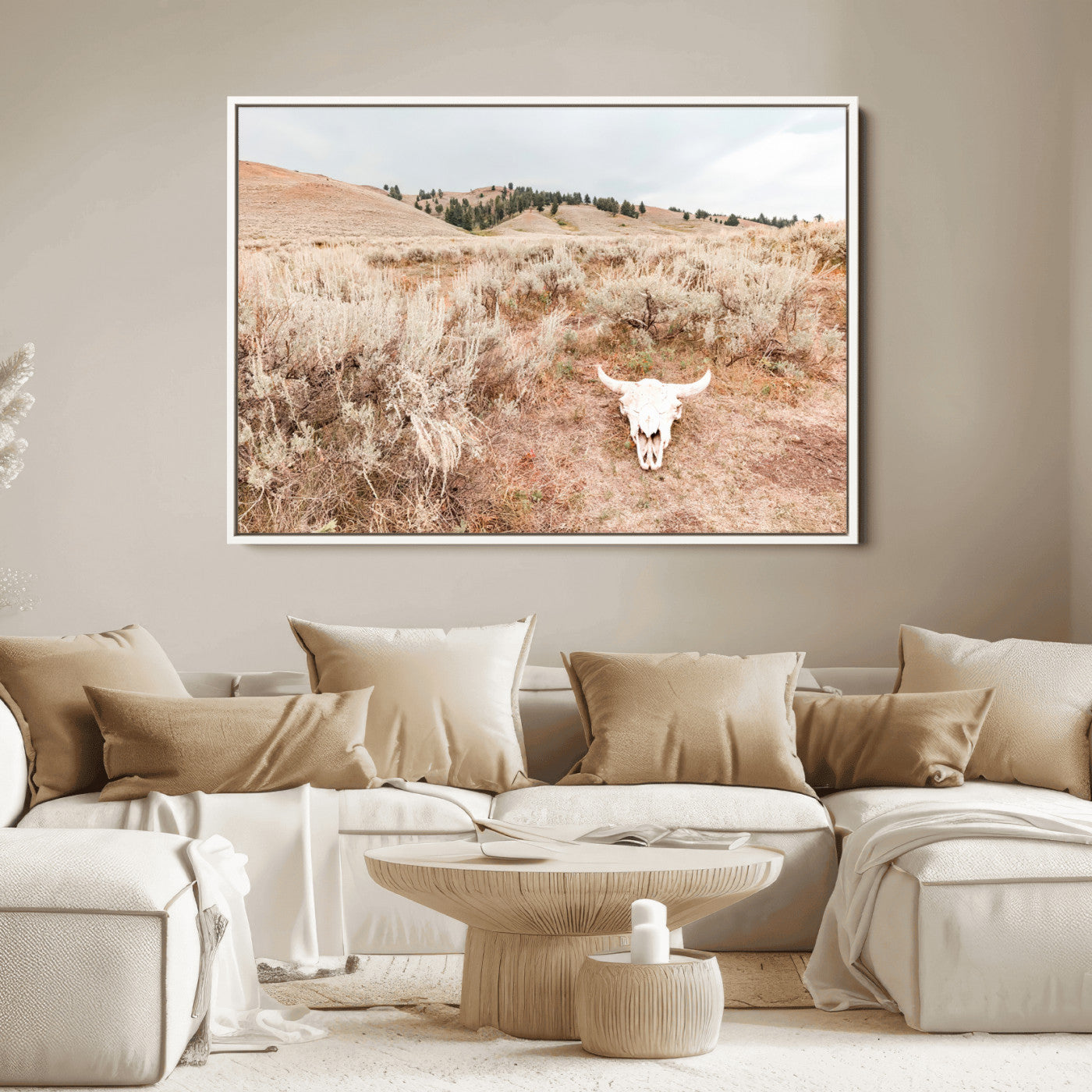 97234735-MGV-FC-36X24_White-Rustic Bones Wall Art Canvas Print, Framed Desert Sage Art Picture Print, Prairie Skull Perfect Minimal Rustic Decor Artwork