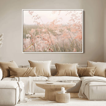 79164340-MGV-FC-36X24_White-Pastel Grasses Wall Art Canvas Print, Framed Soft Meadow Art Picture Print, Field in Breeze Perfect Pastel Minimal Decor Artwork