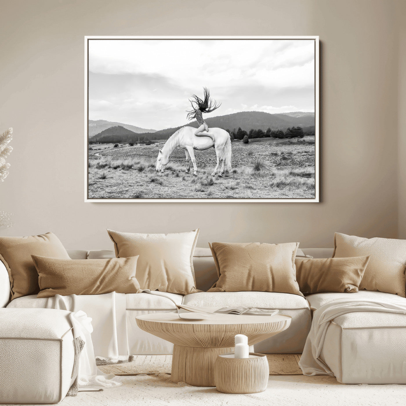 62789800-MGV-FC-36X24_White-White Horse Wall Art Canvas Print, Framed Woman Rider Art Picture Print, Equestrian Pose Perfect Western Boho Decor Artwork