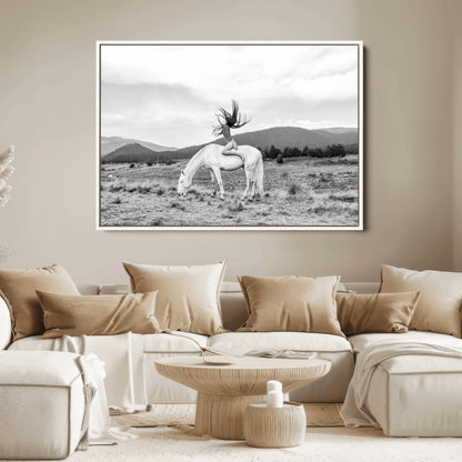 62789800-MGV-FC-36X24_White-White Horse Wall Art Canvas Print, Framed Woman Rider Art Picture Print, Equestrian Pose Perfect Western Boho Decor Artwork