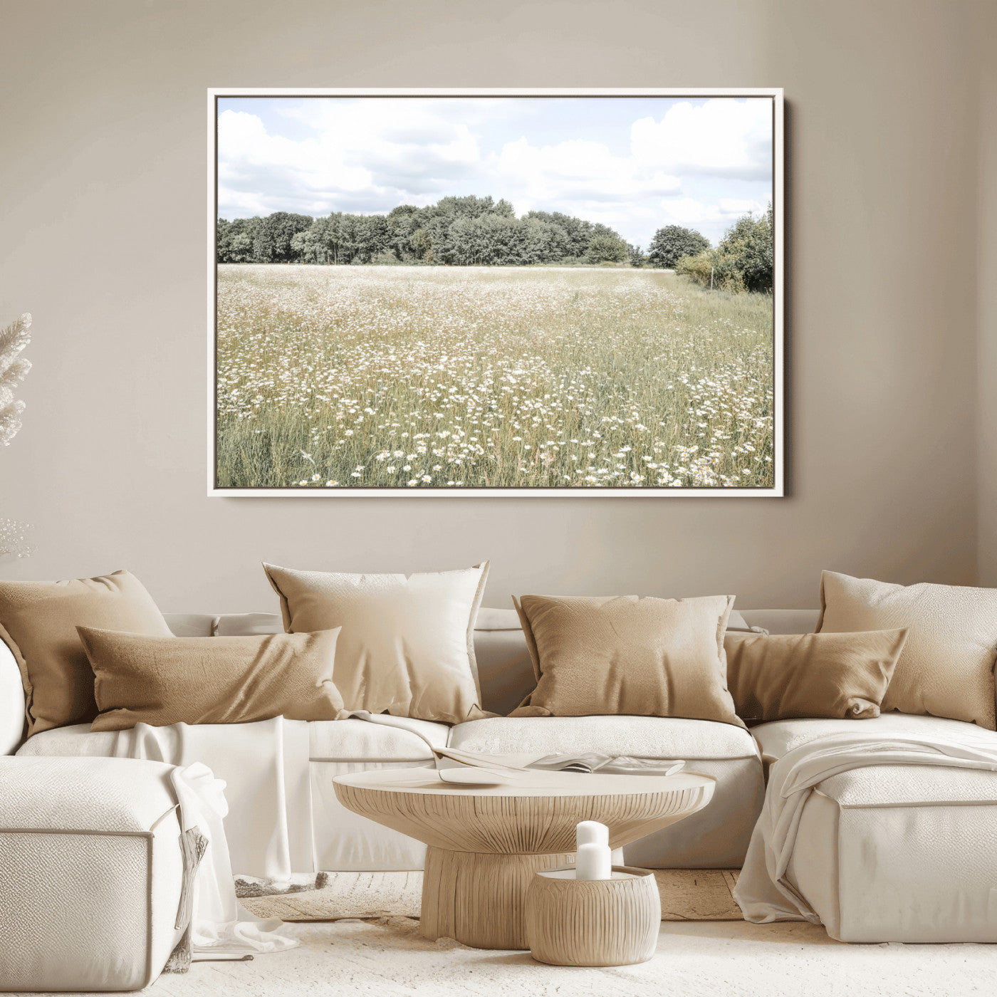 43258946-MGV-FC-36X24_White-Daisy Field Wall Art Canvas Print, Framed Pastel Flower Art Picture Print, Meadow Bloom Perfect Scandinavian Minimalist Decor