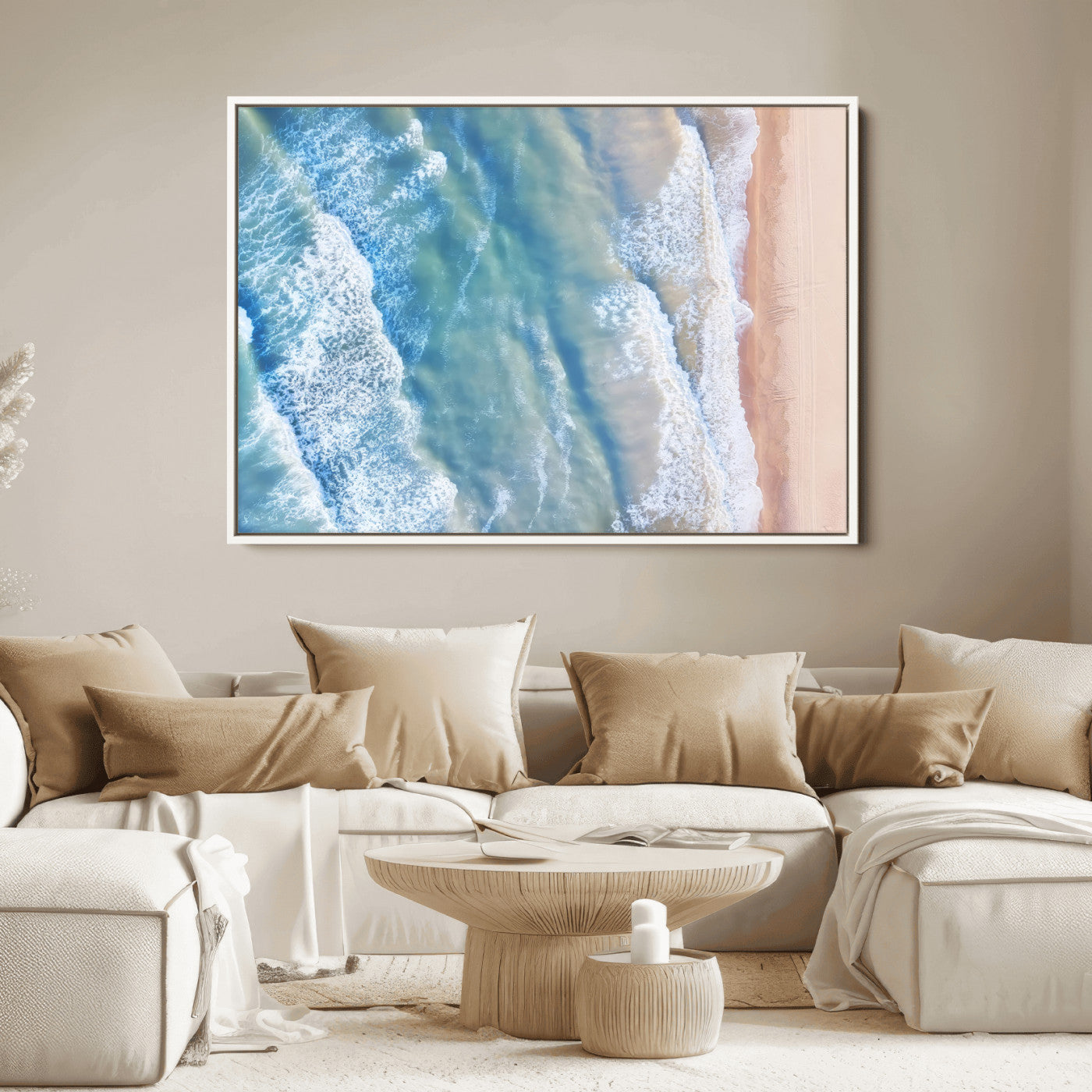 17641845-MGV-FC-36X24_White-Aerial Ocean Wall Art Canvas Print, Framed Blue Waves Art Picture Print, Sandy Shoreline Perfect Modern Coastal Decor Artwork