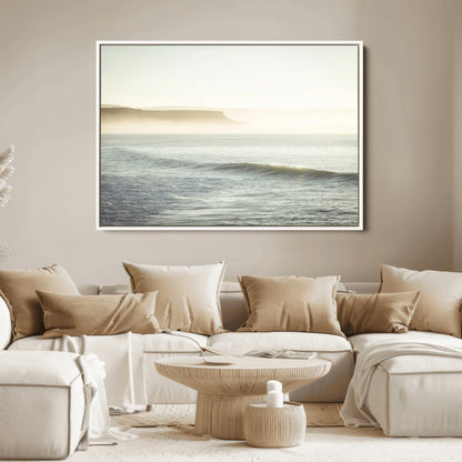 39310633-MGV-FC-36X24_White-Coastal Cliffs Wall Art Canvas Print, Framed Misty Ocean Art Picture Print, Morning Light Perfect Minimalistic Coastal Decor