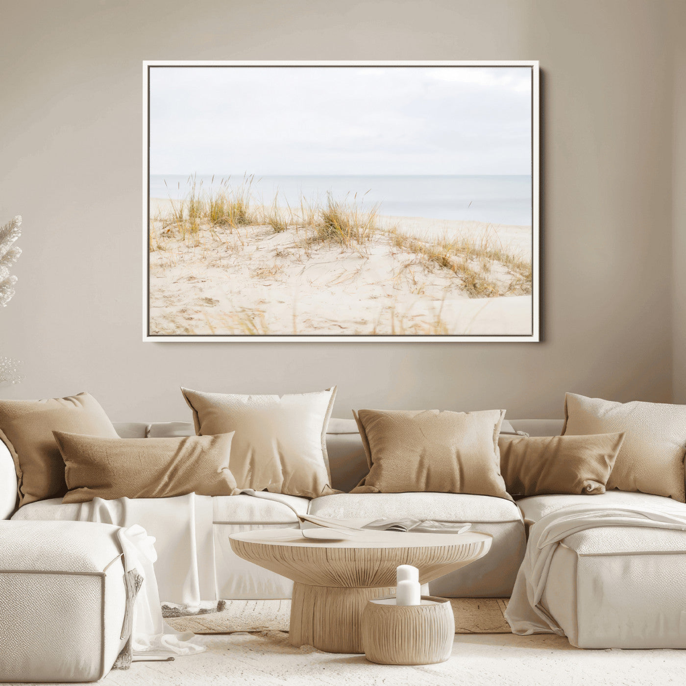 13146857-MGV-FC-36X24_White-Beach Dunes Wall Art Canvas Print, Framed Soft Horizon Art Picture Print, Coastal Grass Perfect Minimalist Coastal Decor Artwork