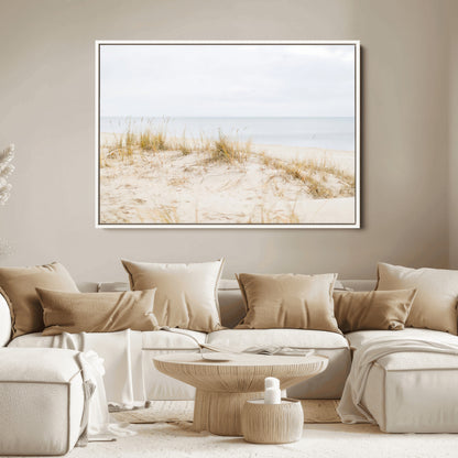 13146857-MGV-FC-36X24_White-Beach Dunes Wall Art Canvas Print, Framed Soft Horizon Art Picture Print, Coastal Grass Perfect Minimalist Coastal Decor Artwork