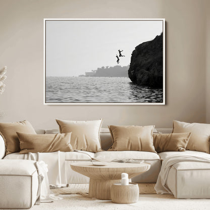 52284302-MGV-FC-36X24_White-Cliff Jumping Wall Art Canvas Print, Framed Ocean Adventure Art Picture Print, Black White Coast Perfect Modern Coastal Decor