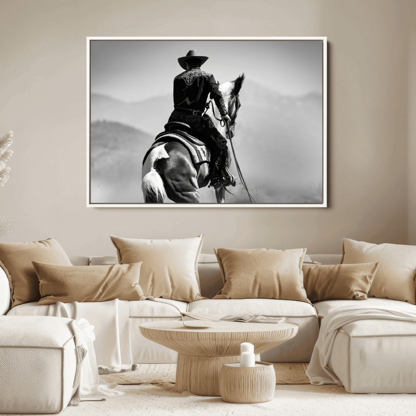 83102464-MGV-FC-36X24_White-Western Cowboy Wall Art Canvas Print, Framed Monochrome Horse Art Picture Print, Western Equestrian Perfect Rustic Western Decor
