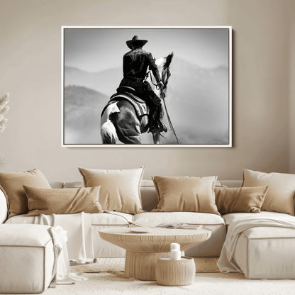 83102464-MGV-FC-36X24_White-Western Cowboy Wall Art Canvas Print, Framed Monochrome Horse Art Picture Print, Western Equestrian Perfect Rustic Western Decor